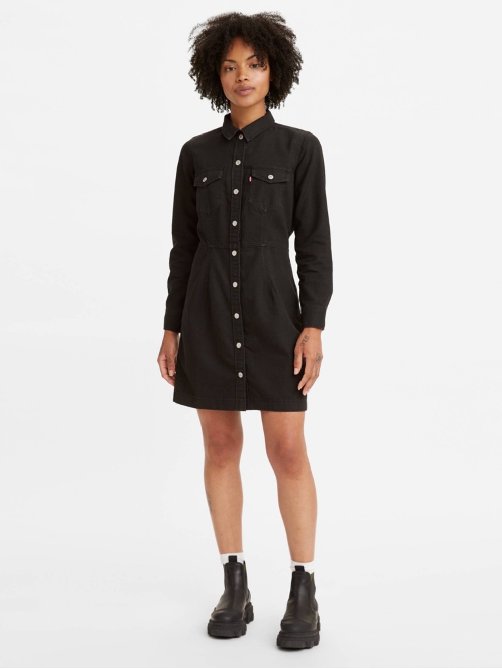 Levi's Black Long-Sleeve Button-Front Denim Shirt Dress
